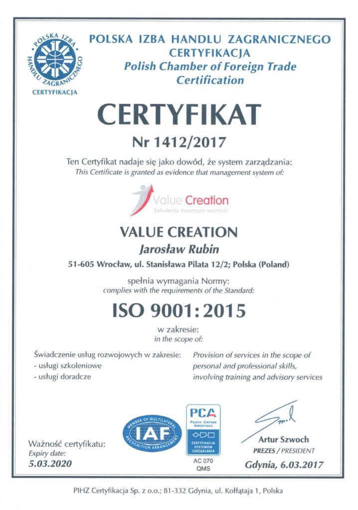 Value Creation - certyfikat ISO 9001